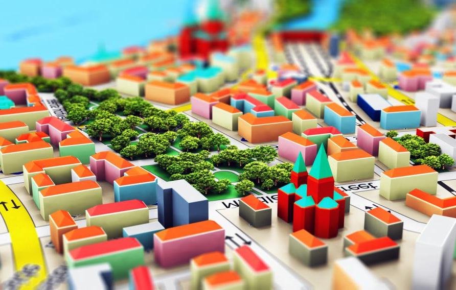 创意抽象GPS卫星导航, 旅行, 旅游定位路线规划业务理念:微缩彩色城市地图的宏观视图3D渲染插画，具有选择性聚焦效果的3D建筑 