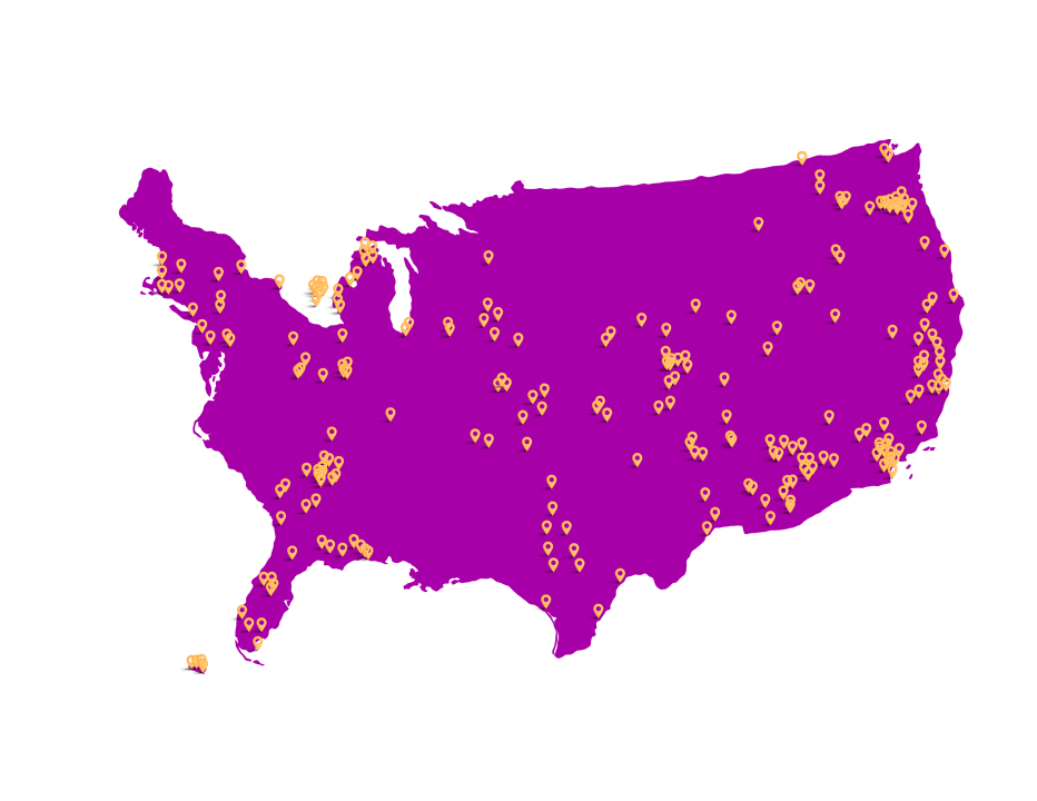 Map of U.S. with orange dots
